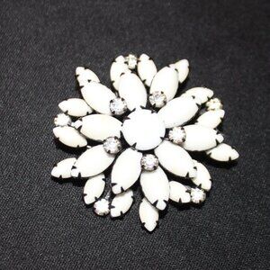 Vintage Milk Glass and Rhinestone Brooch
